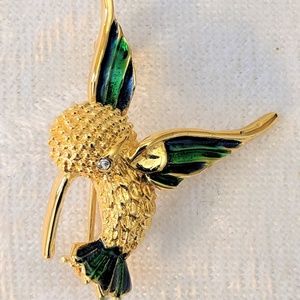 Vintage Hummingbird Brooch Gold Tone Enamel Pin